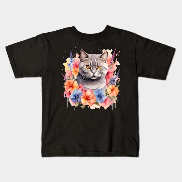 A british shorthair cat decorated with beautiful watercolor flowers Kids T-Shirt by CreativeSparkzz